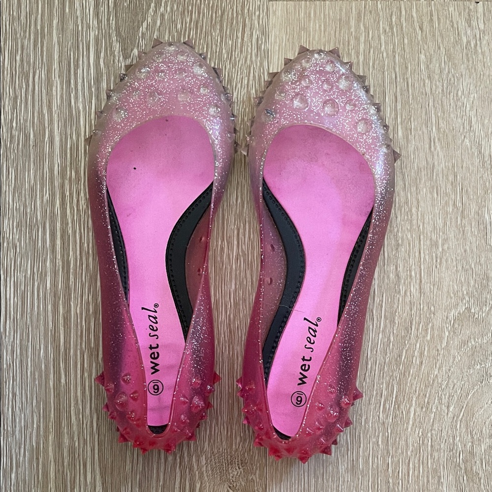 Wet Seal Pink and Clear Spiked Flats
